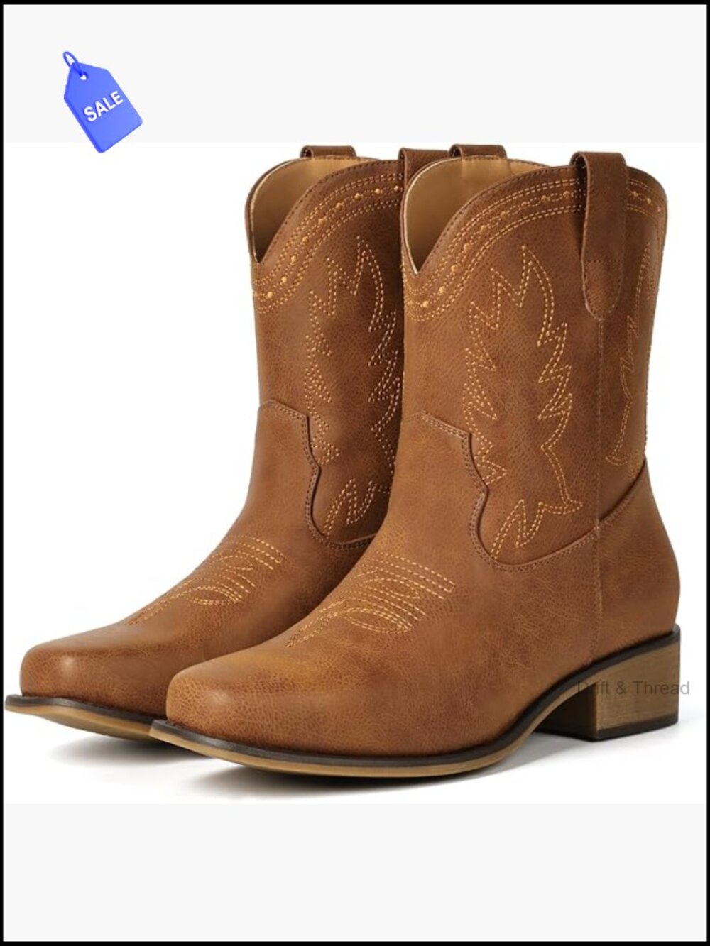 Women's Square Toe Cowgirl Embroidered Ankle Boots Chunky Low Heel Pull On